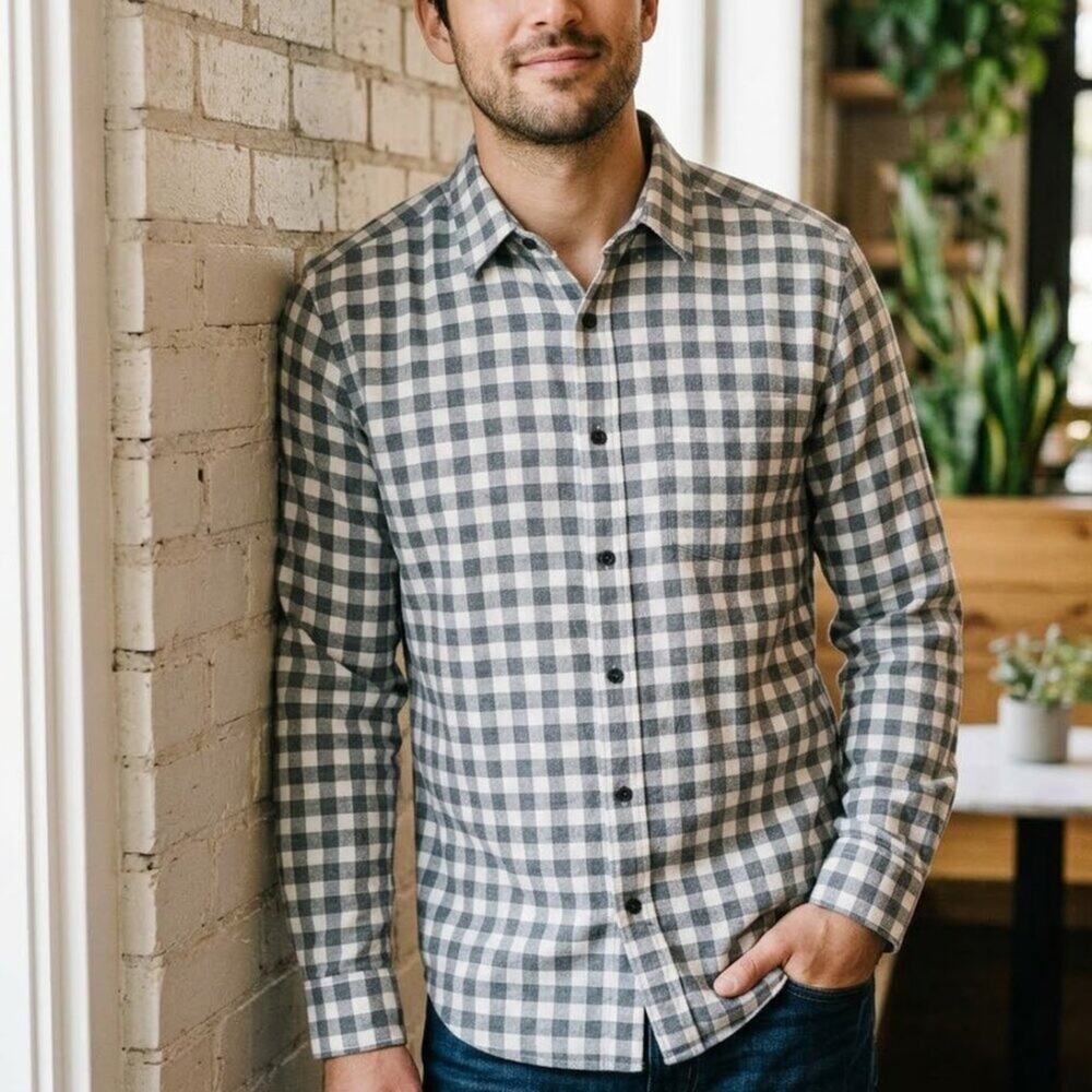 Theory Men's Gray and White Checkered Shirt, 100% Cotton Flannel, Irving L